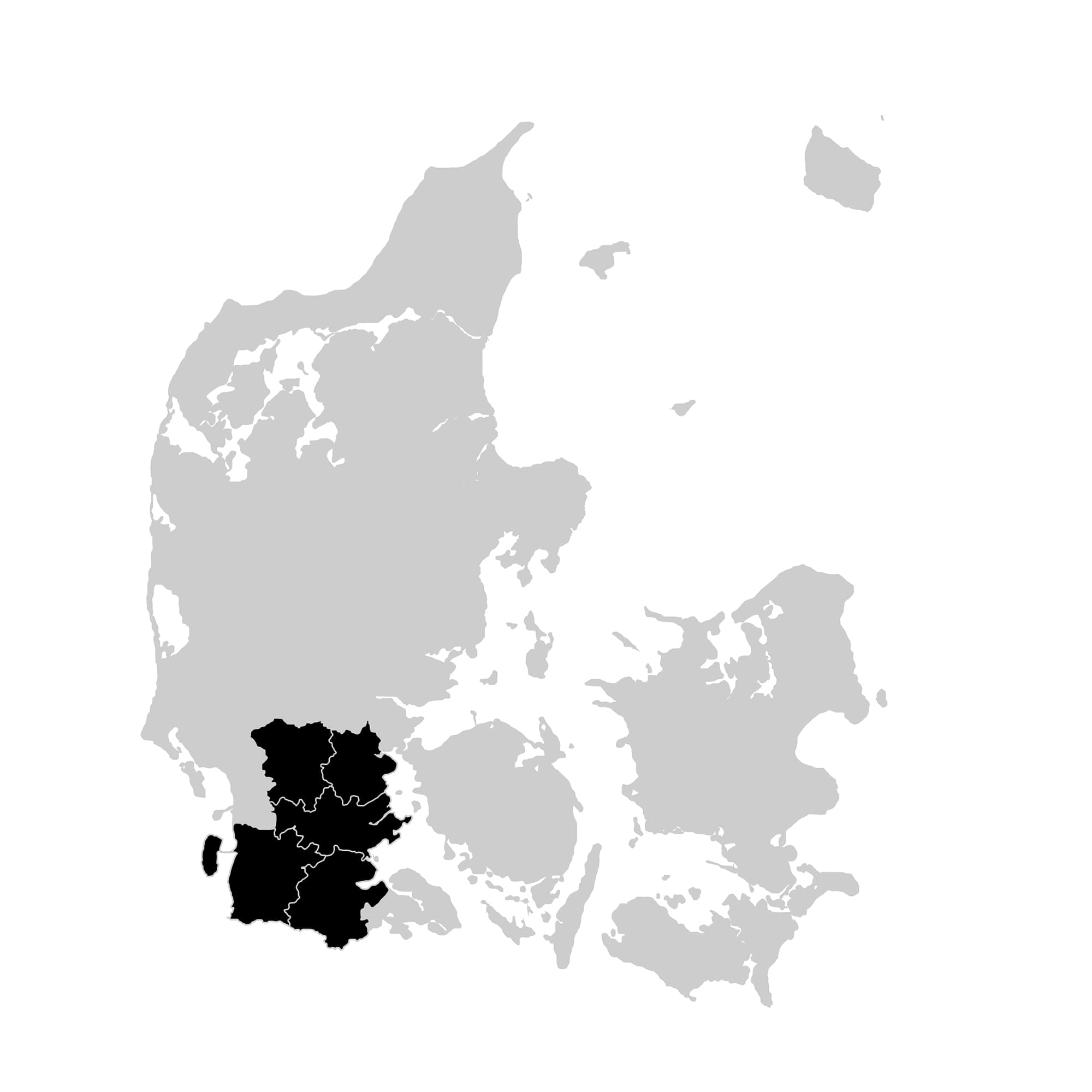 Danmarks kort med FOF Sydjyllands kommuner/område markeret med sort
