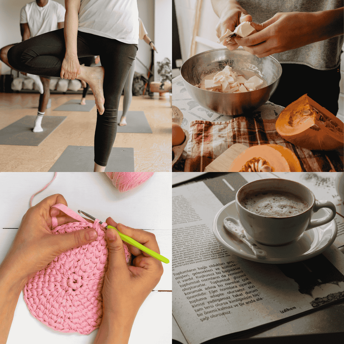 Collage med yoga, madlavning, hækling og en kop kaffe | Inspirations univers i FOF Aarhus